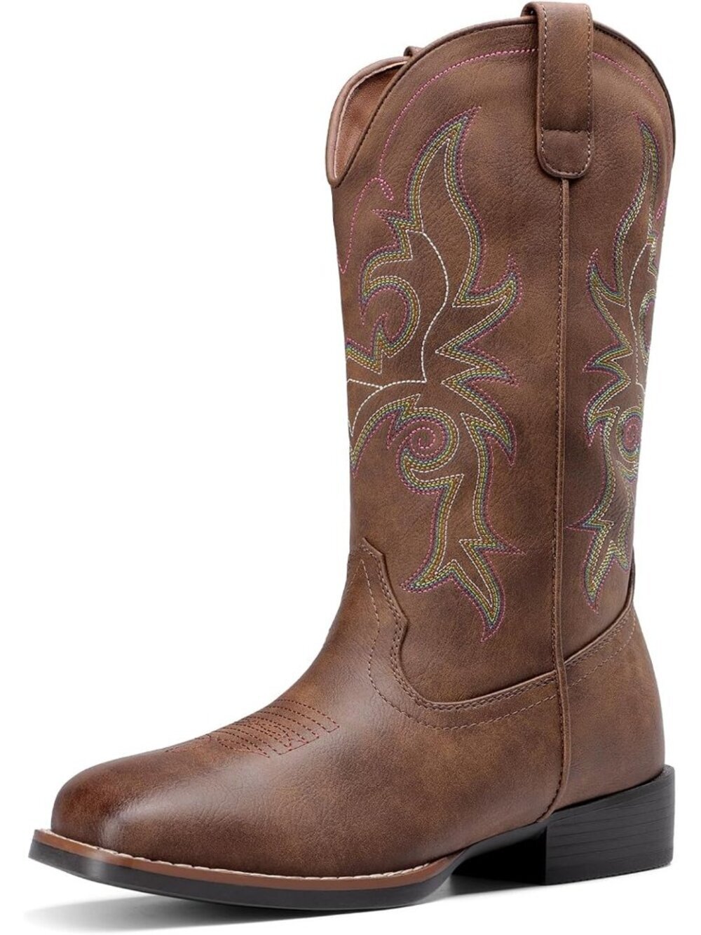 Women's Cowgirl Boots Embroidered Square Rich Brown Toe Mid Calf Western Boots